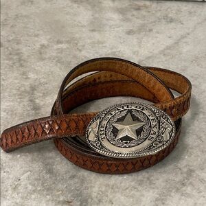 Texas Western Belt Mens 56 Brown Leather with Silver Buckle Narrow Long Vintage